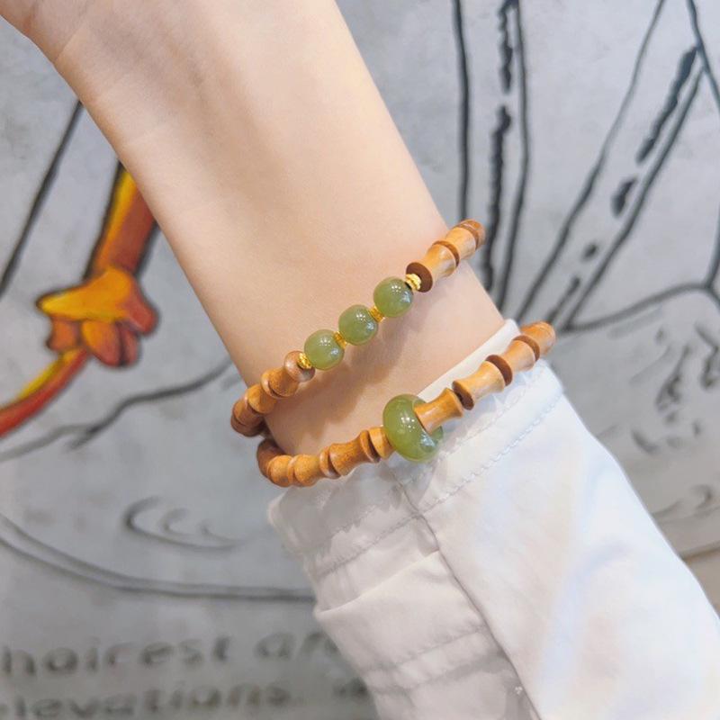 Women s Indian Sandalwood & Hetian Jadeite Bamboo-Inspired Double Circle Prayer Beads Bracelet