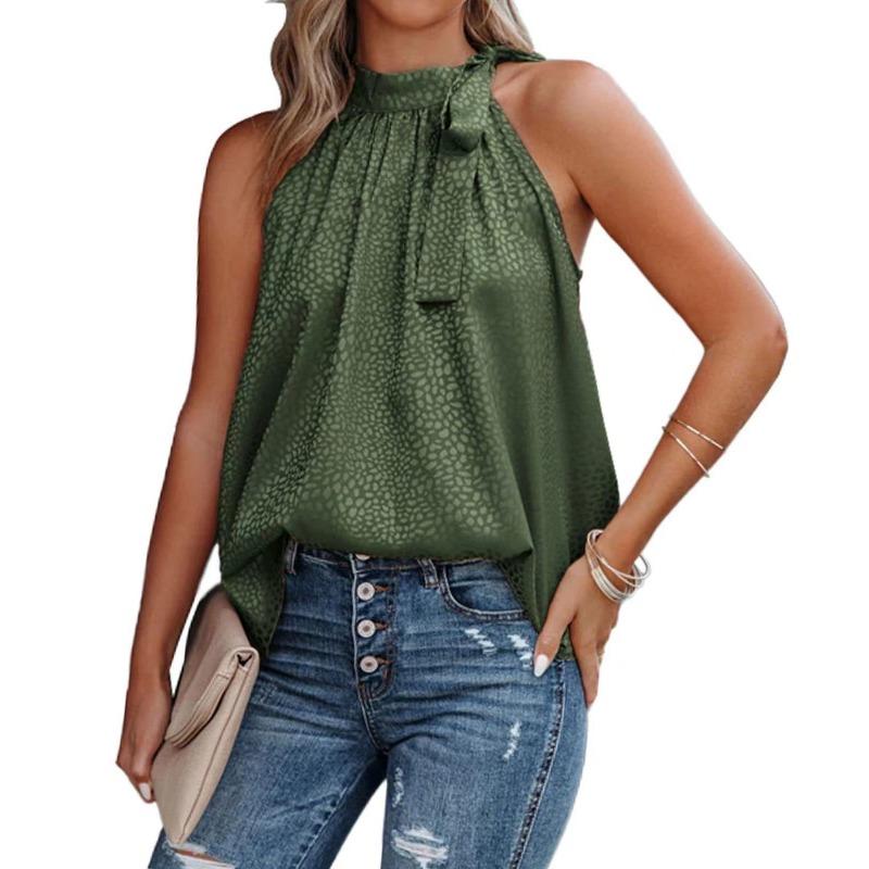 

Hanging Neck Bow Leopard Print Top Satin Sleeveless Vest Women’s Blouses & Shirts L оливковий колір