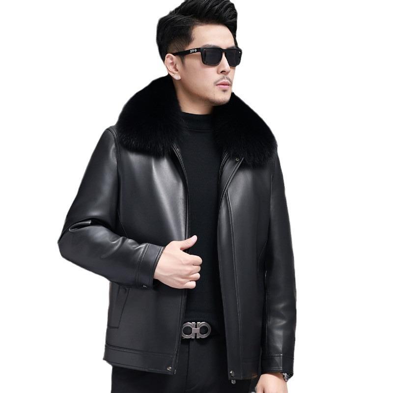 Middle-aged Leather Jacket Men's Leather Casual Velvet Thickened Short Jacket Lapel Medium Down Jacket Winter