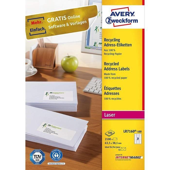 Avery zweckform étiquettes autocollantes en papier mat 100 feuilles blanc naturel 63,5 x 38,1 mm 2100 étiquettes