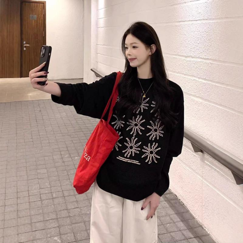 

Весна Осень Свободный Повседневный Хлопковый Пуловер Футболка Топ Женский Длинный Рукав Мода Простая Футболка M чёрный