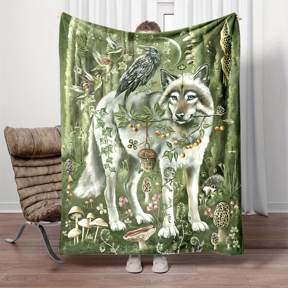 [Cozy Wolf & Crow Print Blanket] Soft Reversible Cozy Wolf & Crow Print Flannel Throw Blanket - All-Season Comfort for Bed, Sofa 75X95CM