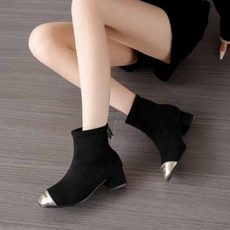 Anti-kick head suede boots women's autumn and winter new thick heel metal round head medium heel elastic fashion boots