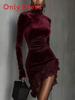 European Style Velvet Turtleneck Dress With Lace Hem For Evening Parties
