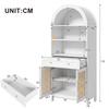 Modern arched display and storage cabinet, rattan doors, 3 display compartments + 2 doors + 1 drawer, white + wood look, 70 x 40 x 170 cm.