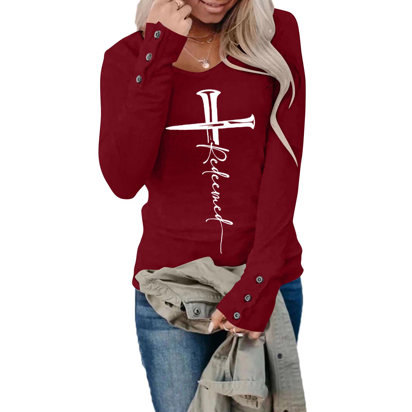 

Женские футболки с длинным рукавом, с круглым рукавом, повседневная графическая футболка с вертикальным крестом, XXL винный