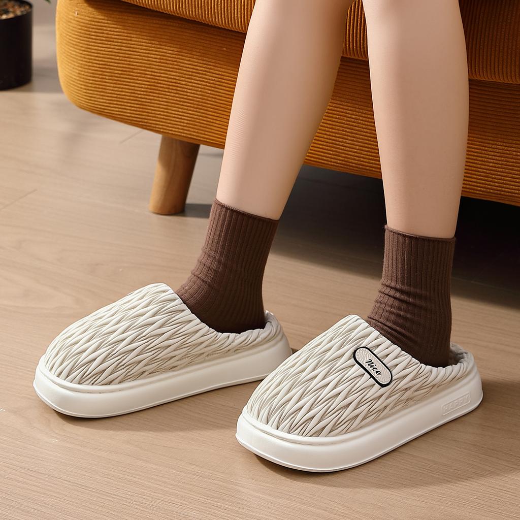 pu waterproof cotton slippers autumn and winter new couple home indoor thick plush warm soft bottom cotton mop