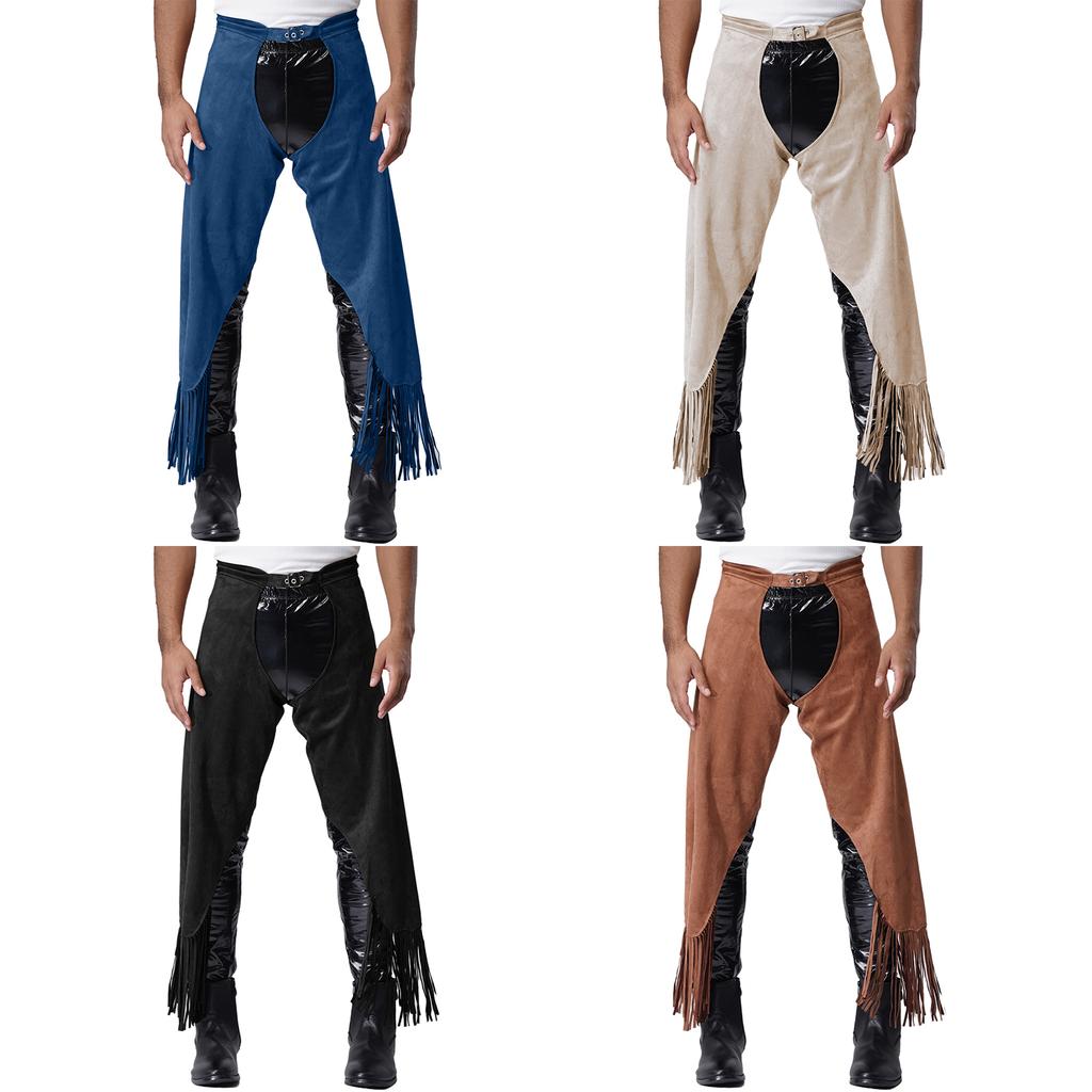 Chaps à franges de cowboy vintage pour hommes, Pantalon en daim à boucle réglable, Design entrejambe ouvert pour Halloween et soirée à thème western