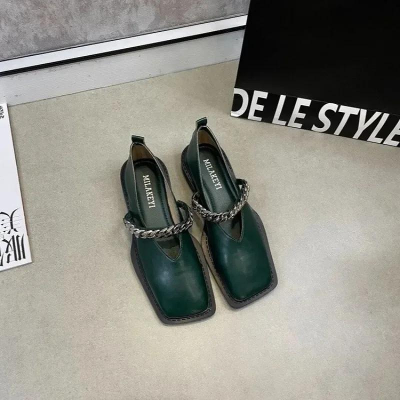 fashion Ladies Shoes on Sale 2024 Fashion One Kick Women's Flats Autumn Square Toe Chain Solid Low Heels Shallow Office Ladies Shoes