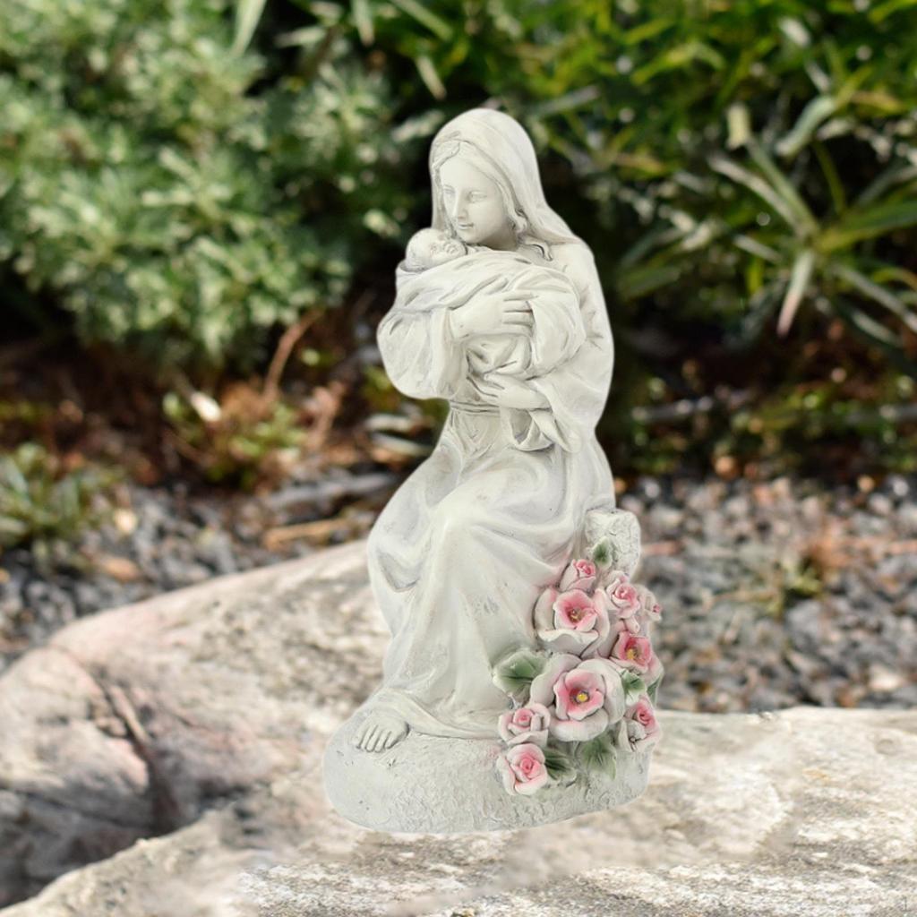 Mary Figurine Garden Light Lamp Resin Sculpture Jesus Statue for Altar Entryway Walkway