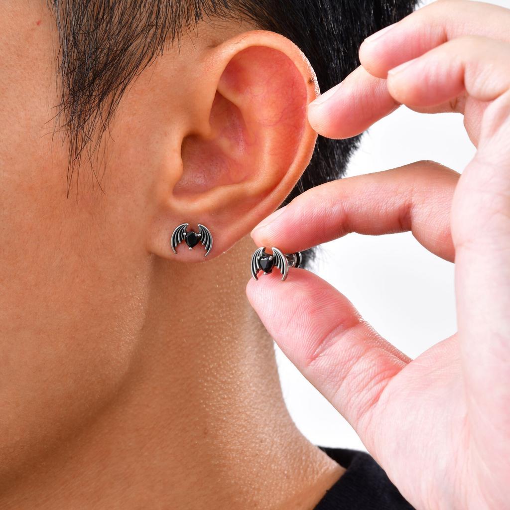 Vnox Heart-Shaped Zircon Stone Wing Earrings for Men Boys, Wing Shaped Screw Back Stud Earrings, Stainless Steel Jewelry Gifts