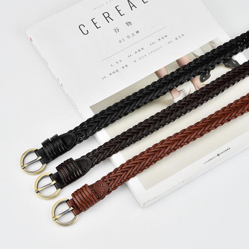 Women's Hand-woven Thin Belt Round Alloy Buckle Dress Belt Trendy Decorative Belt Women