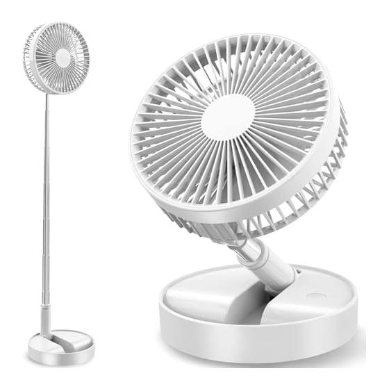Folding fan, rechargeable, 7200mAh | DC motor, quiet and energy saving | For both tabletop and stand use, height adjustment, 4 airflow levels, white