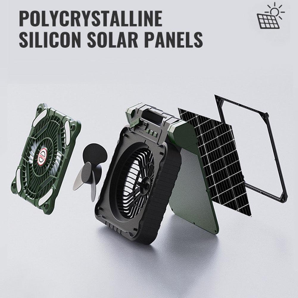 Solar Portable Electric Fan with LED Light 5200mAh Solar Outdoor Tent Fan 4 Wind Speeds Solar Powered Camping Fan for Emergency