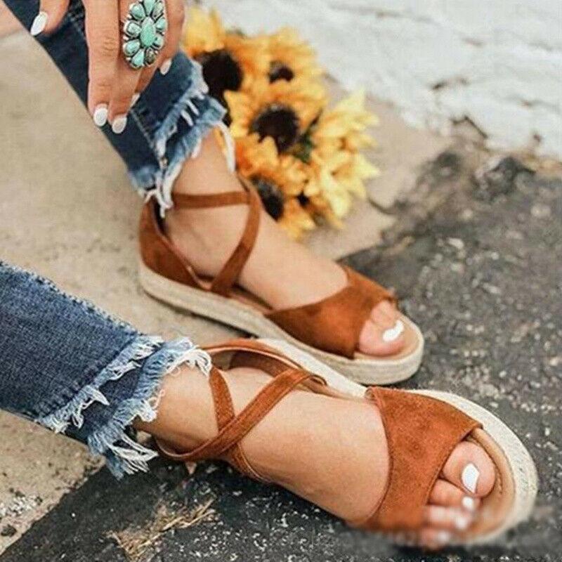 Chic And Comfortable Women Ladies Flat Espadrille Sandals With Low Wedge Heel Peep Toe Design