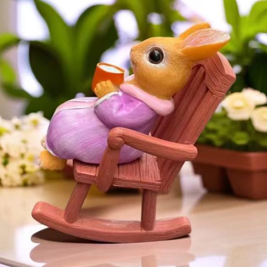 Rocking Chair Rabbit Figurine Holding Cup Cartoon Sitting Bunny Resin Statue Animal Sculpture Indoor
