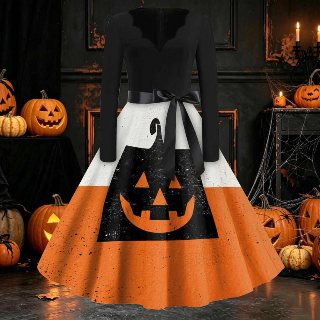 Womens Casual Vintage Halloween Dress V Neck Long Sleeve Retro Ghost Print A Line Midi Dress with Waist Tie for Party