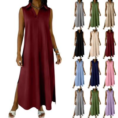 Women's V-neck Sleeveless Long Loose-fitting Dress With Pockets And Casual