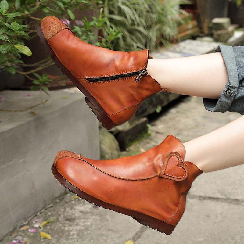 Single Boots Women's Autumn and Winter New First-layer Cowhide Women's Boots Soft Heart-shaped Hand-spliced Flat Bottom