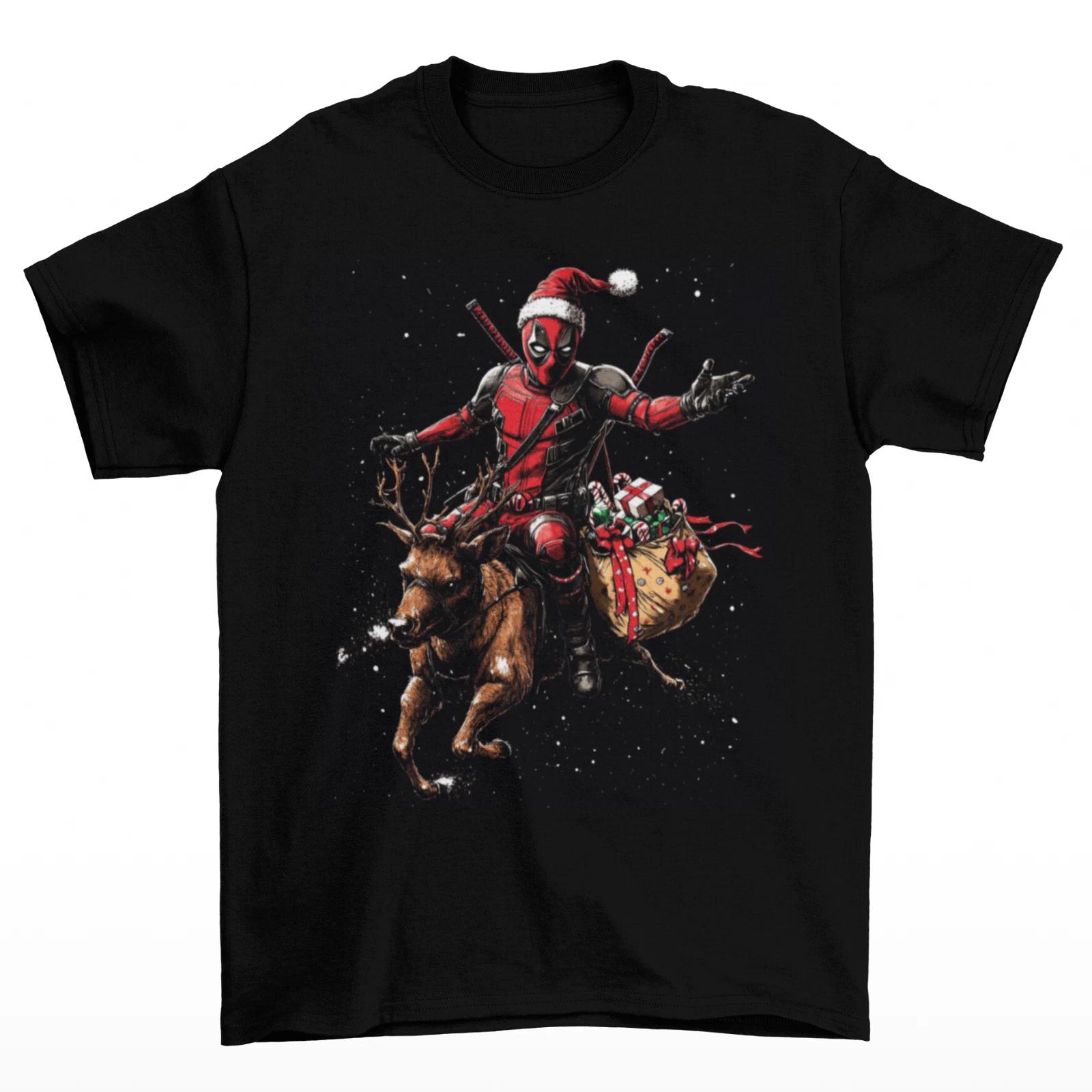 Deadpool Reindeer T-Shirt Unisex Cotton Adult Superhero Movie Santa Villain L