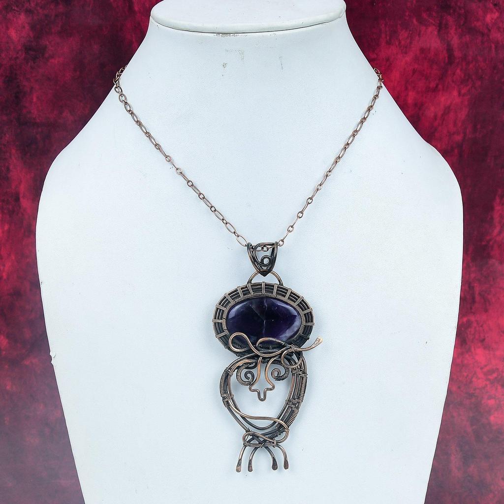Chevron Amethyst Pendant Copper Wire Wrapped Handmade Jewelry Gemstone Pendant