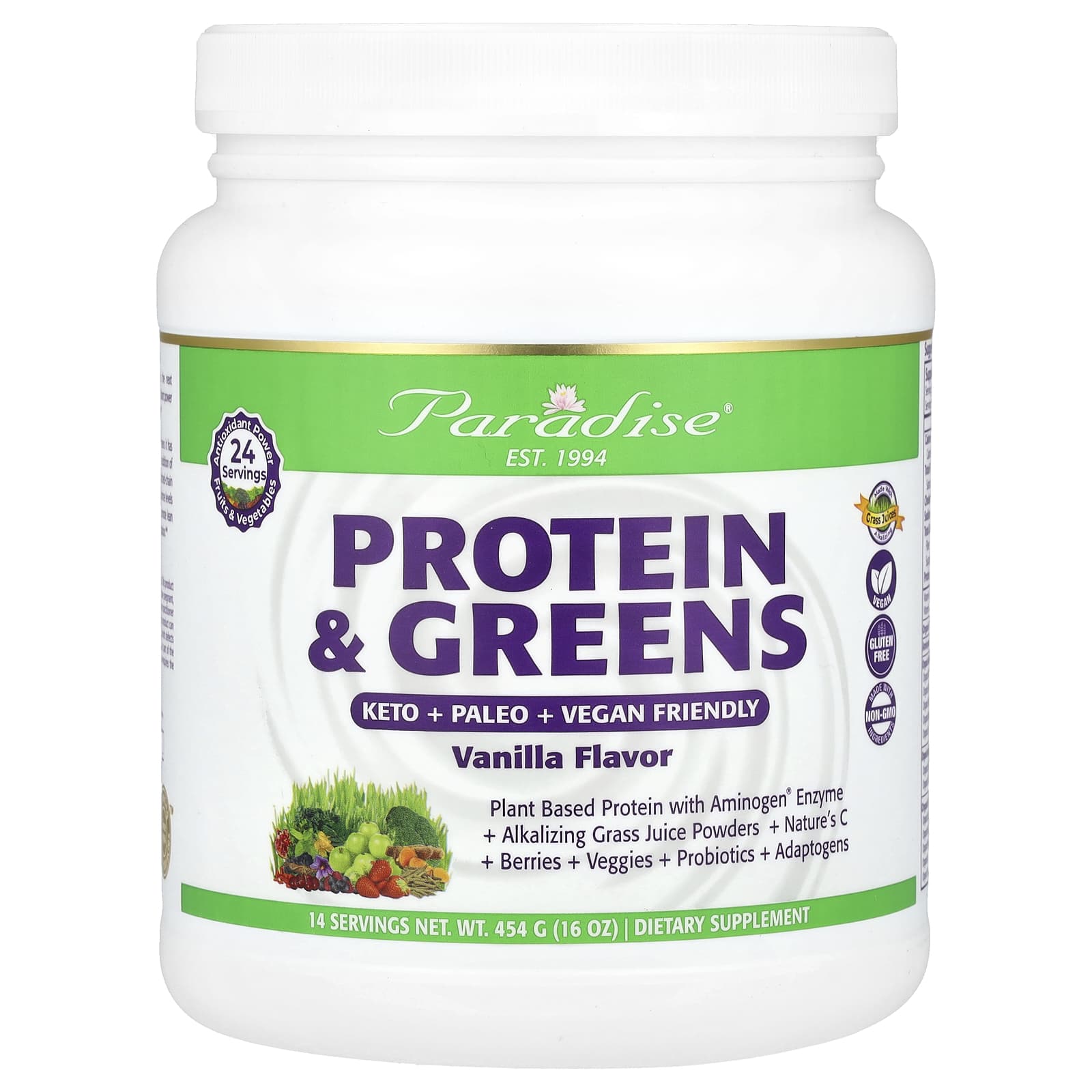 

Paradise Herbs, Protein & Greens, Vanilla, 16 oz (454 g)