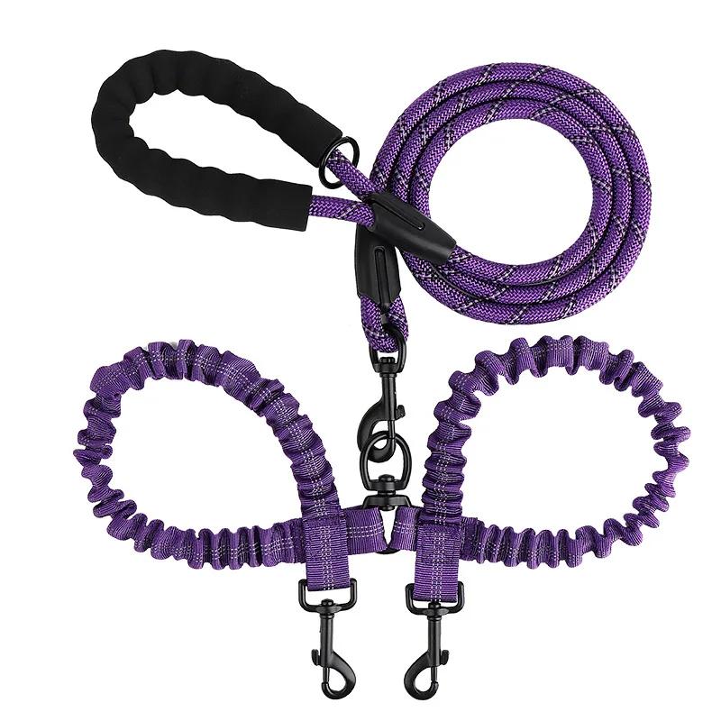 Neue Doppelkopf-Haustier-Schleppleine Eins Ziehen Zwei Nachtreflexion Anti-Verwicklung Elastisches Nylon Spaziergang Hund Leine Zubehör