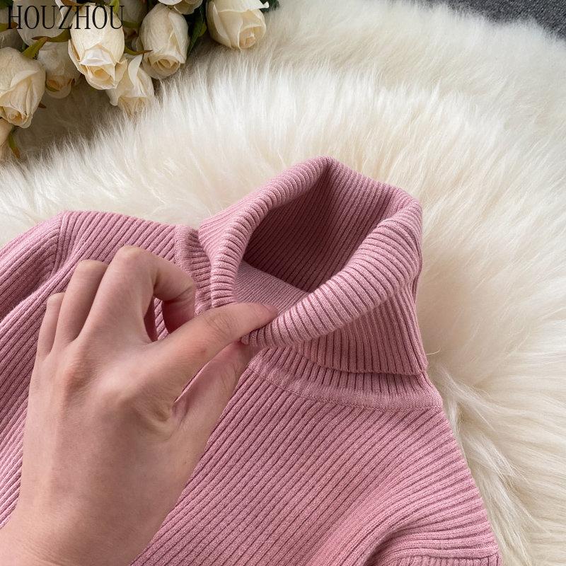 ROchie midi tricotată HOUZHOU pentru femei coreeană vintage elegantă, solidă, cu gât înalt, subțire, toamnă și iarnă, caldă, clasică, cu fundul de bază