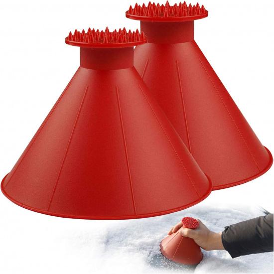 CLESDF Magical Car Ice Scraper With Funnel,2 Pack Cone Windshield Ice Scrapers,Round Snow Scraper For Car(Red)
