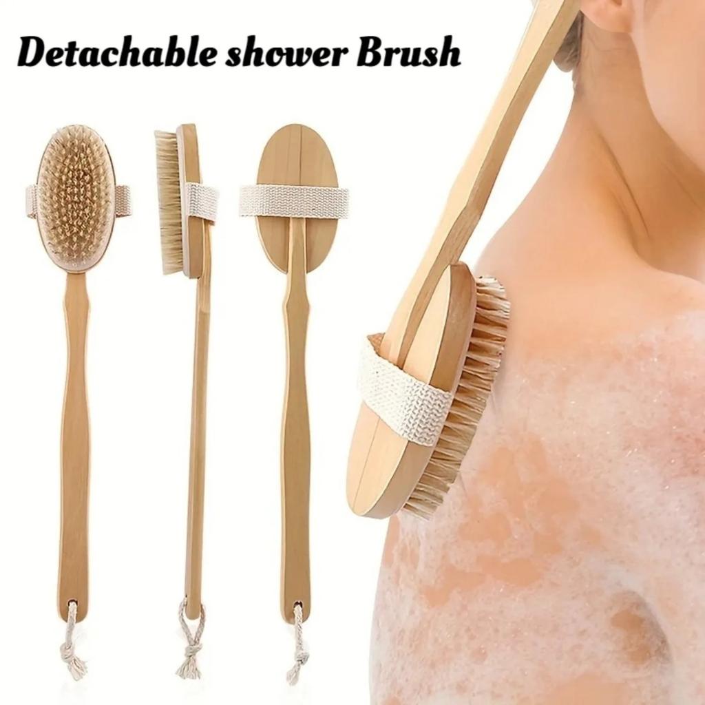 Wooden Soap Box Shower Brush Set Natural Bristle Detachable Long Handle for Back Exfoliating Massager Bathroom Accessories Set