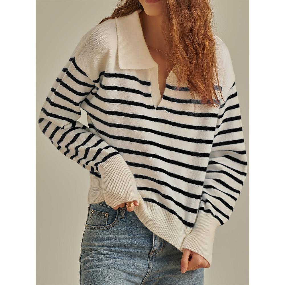 

Топ базового слоя на осень с V-образным вырезом, лацканами и полосками, свитер, свободное пальто в морском стиле контрастного цвета S серый