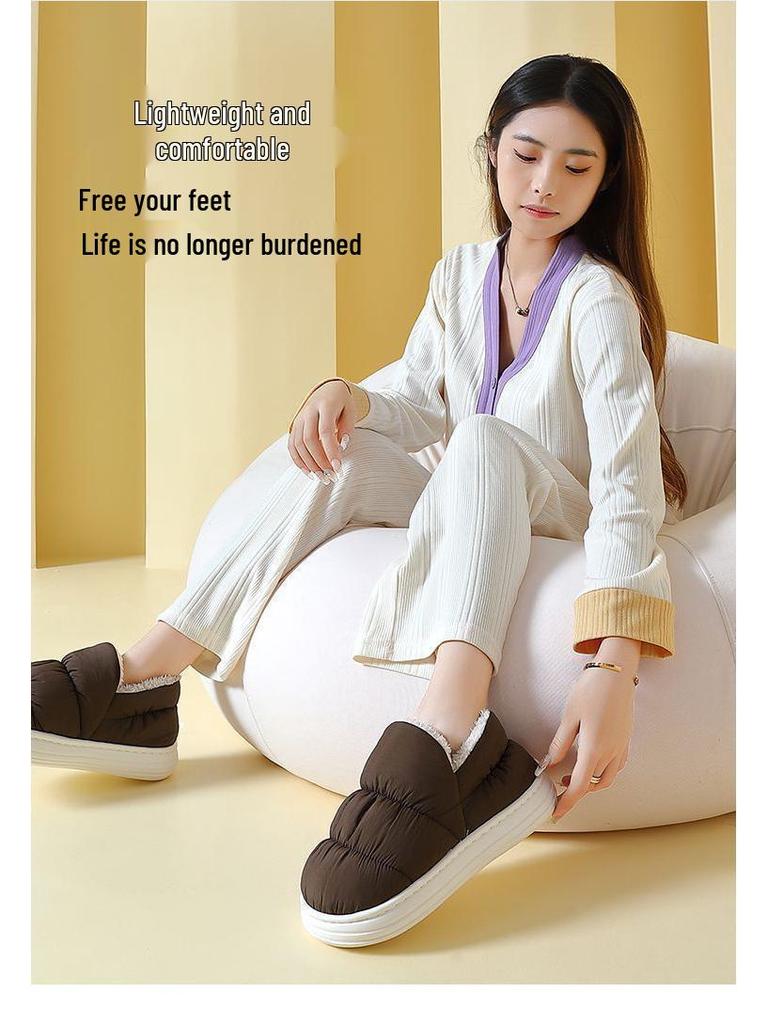 Men's and Women's Winter Waterproof Cotton Slippers - Silent, Plush, Warm, Thick Sole, Closed Heel, Deodorant Down Cloth