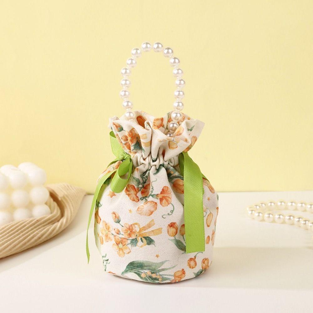Ribbon Bow Small Flower Wrist Bag Pearl Handle Bowknot Handbag Festive Sugar Bag  Female/Girls
