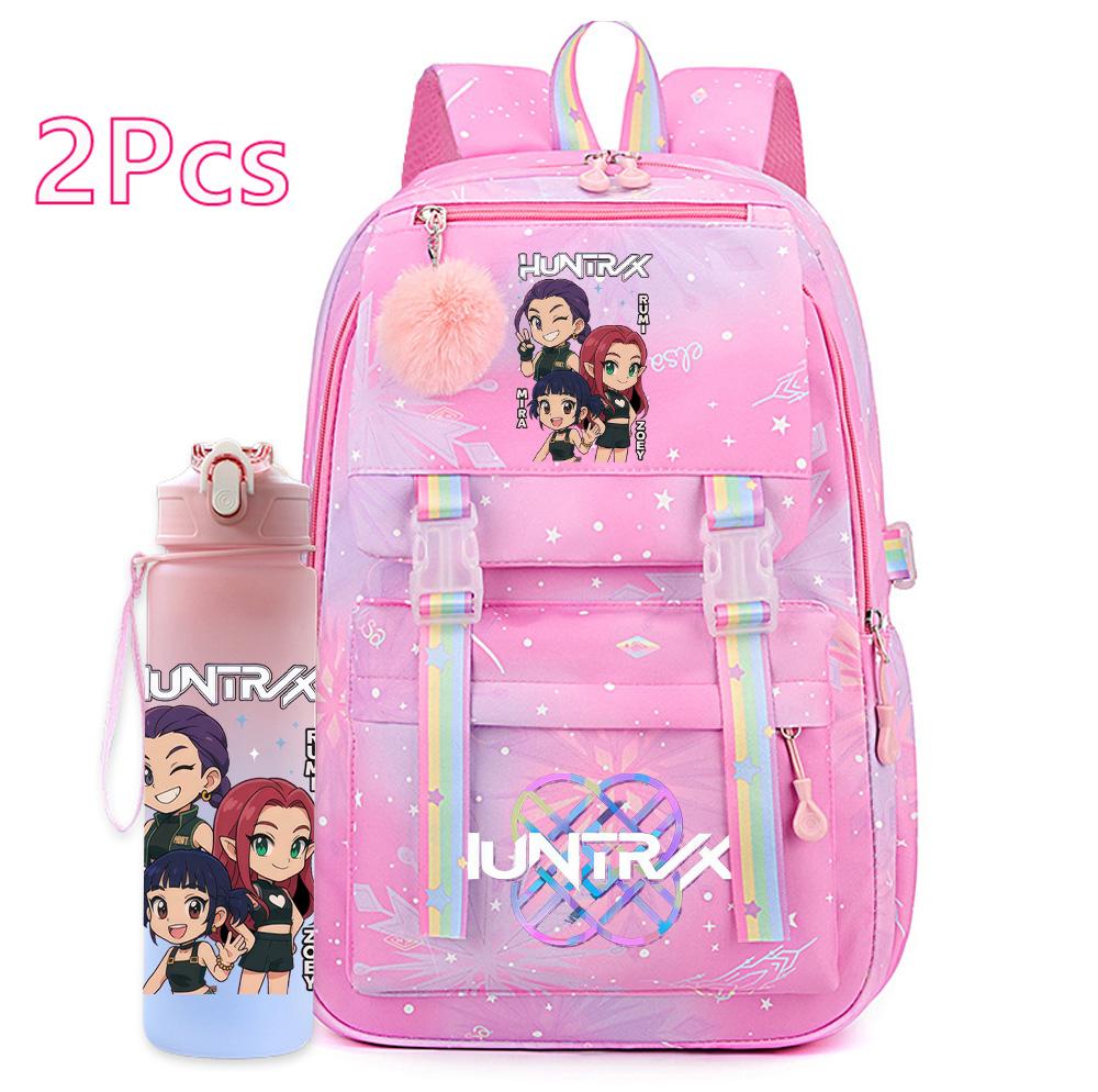 2Pcs/set Cartoon Kpop Printed Backpack with 750Ml Water Bottler for Teenager Girl Boy Bookbag Kid Gift Large Capacity Travel Bag Mochila