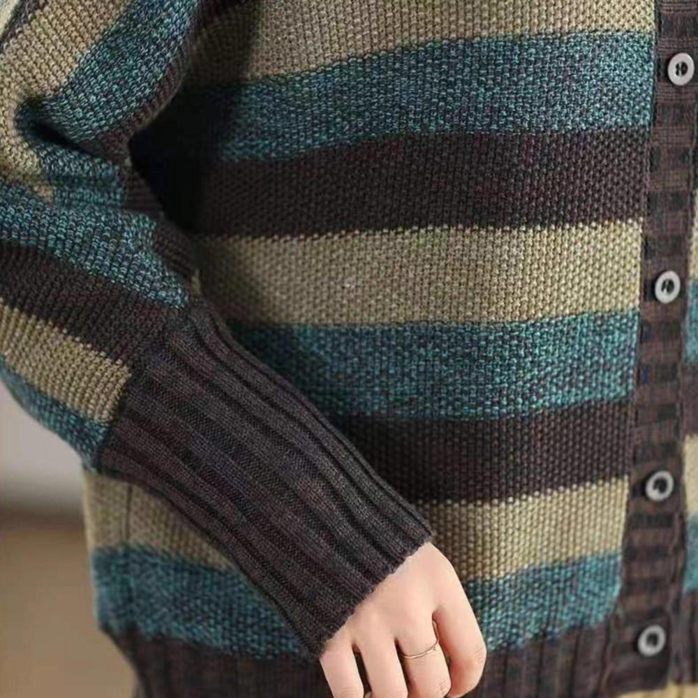 Johnature Women Vintage Striped Sweaters O-Neck Long Sleeve Button Autumn Knitted Casual Female Soft Sweaters