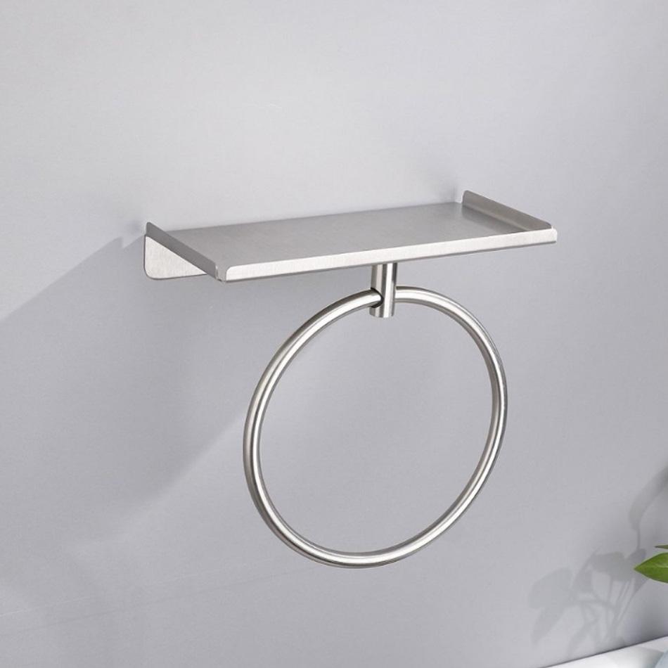

Stainless Steel Towel Ring with Shelf Adhesive Brushed Black Wall Mounted Kitchen Bathroom Round Towel Holder Storage Rack Hang