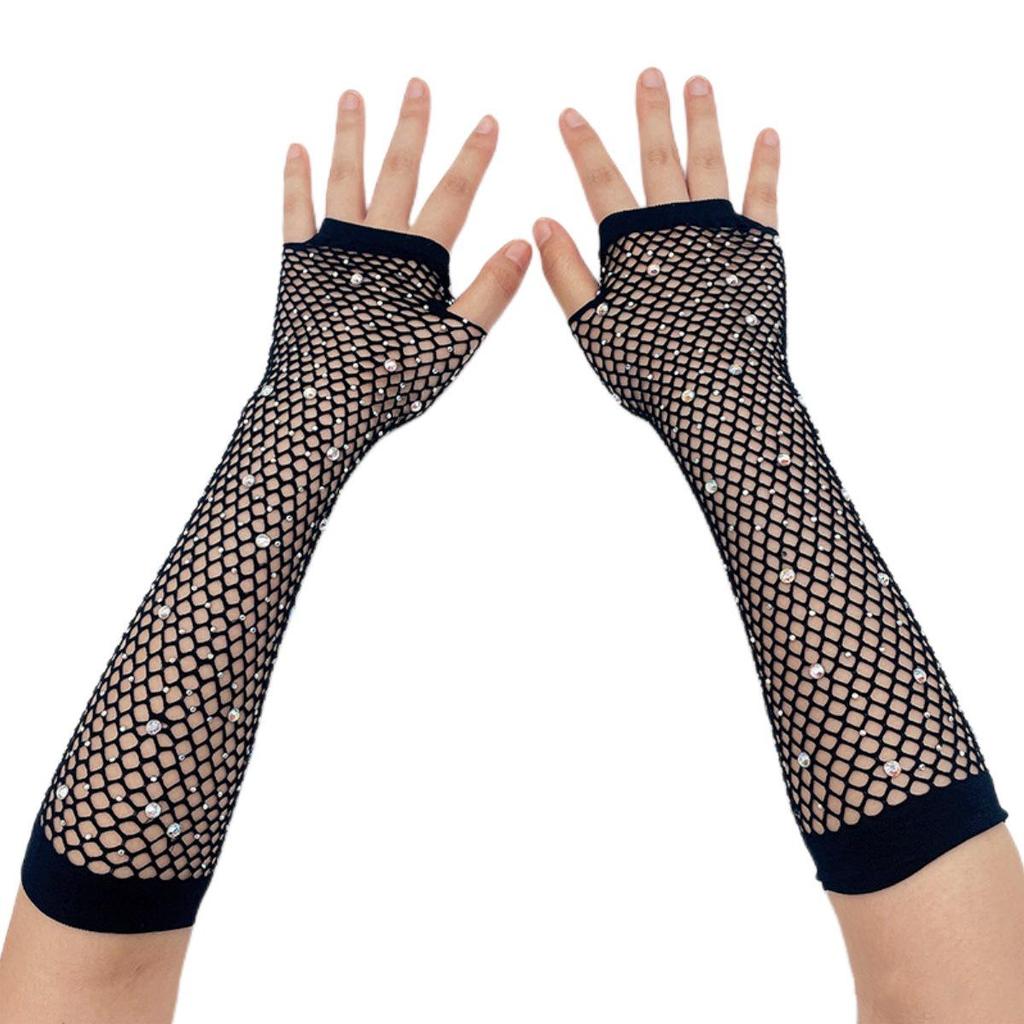 Rhinestone Fishnet Half-Finger Party Gloves