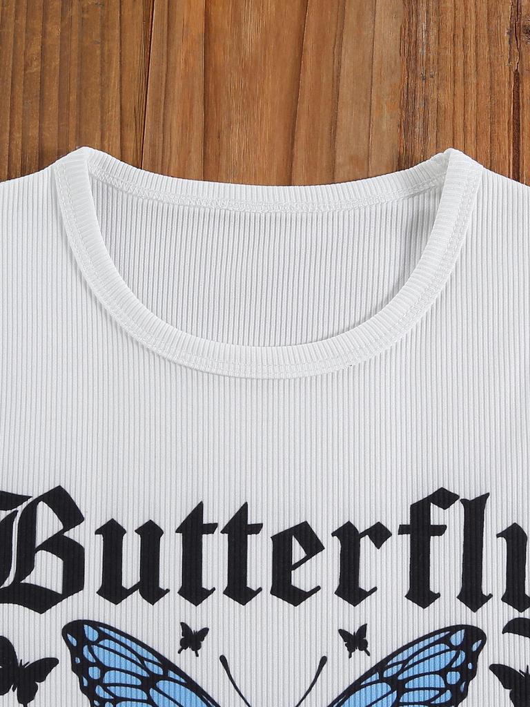Two-piece girls' outdoor casual vacation set: sleeveless cropped tank top with butterfly design and comfortable, simple lace denim shorts.