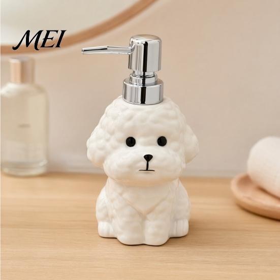 Dispenser Sapone Liquido 400ML Cane in Ceramica con Pompa in Plastica, Forma di Cucciolo Contenitore Ricaricabile con Pompa per Lozione Liquida, Vuoto per Doccia