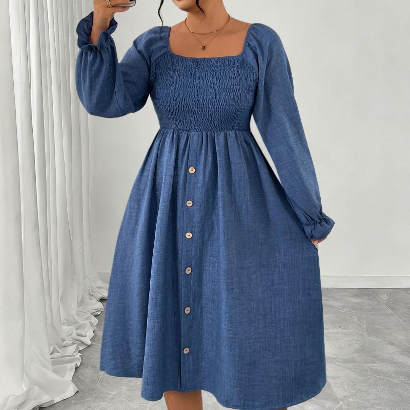 High-waisted Dress, Pleated Square Neck Button Long-sleeved Dress