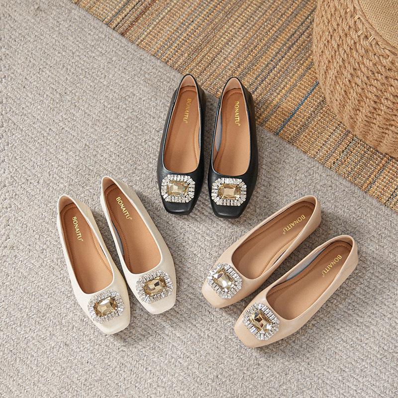 Women's Genuine Leather Slip-On Flats, Nude, Square Toe, Soft Sole, Plus Size, 2025 Edition