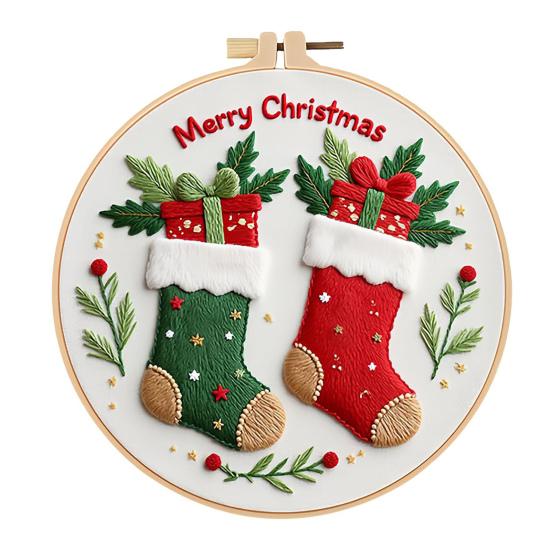 Christmas Cross Stitch Kit for Beginners Embroidery DIY Material Package with Hoops Colored Threads