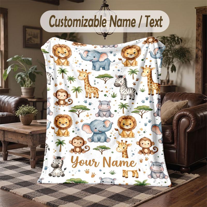 Wildlife Animals Theme Throw Blanket Custom Name Text Personalized Blanket Soft Cozy Blanket for Home Sofa Bed