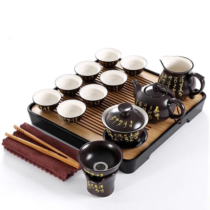 Schwarzes Tang-Gedicht Kung Fu Tee-Set Keramik Lila Ton Geschenk Deckelschale Teekanne Teetasse Set Haushalt Chinesischer Stil Tee-Set