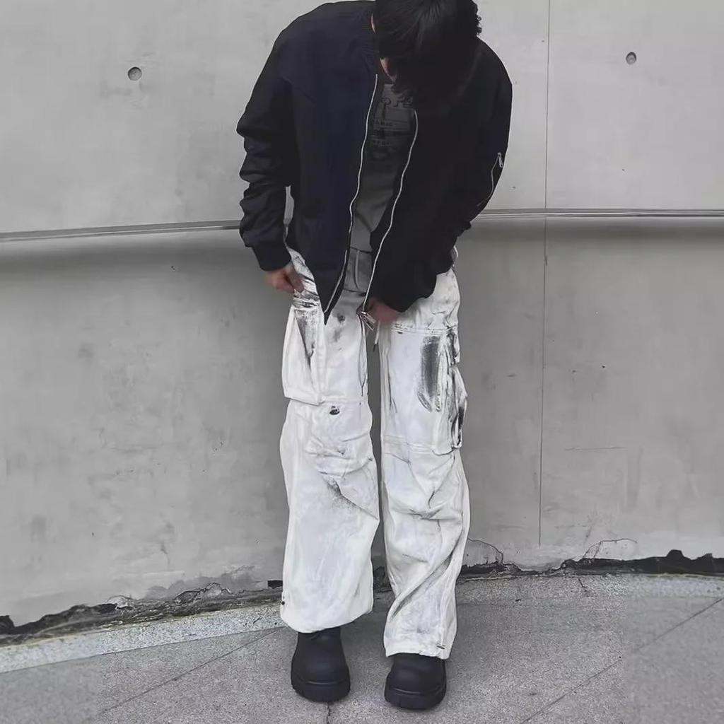 Unisex White Tie-Dye Straight-Leg Multi-Pocket Jeans