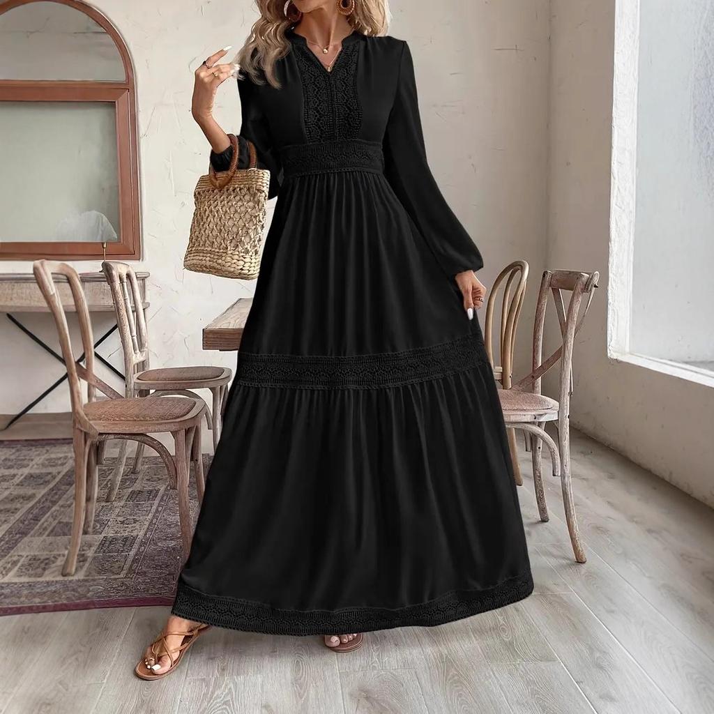 European and American Women's Clothing Elegant Temperament Holiday Style Lantern Sleeve Long Dress Lace Hollow Pendulum Dress