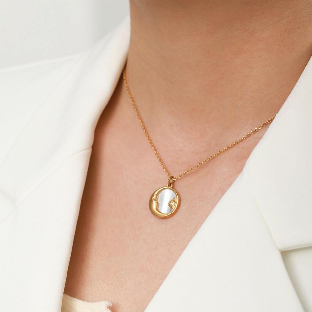 18K Gold Titanium Steel Women's Necklace with French White Mother-of-Pearl Star, Moon, and Round Pendant.
