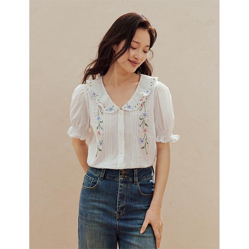INMAN Women's French Doll Collar Embroidered Puff Sleeve Blouse