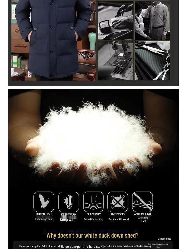 Pánská zimní péřová bunda střední délky s huňatou kapucí a kožíškem – Teplá, volný střih, velká velikost