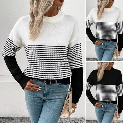 Women Sweater Round Neck Long Sleeve Contrast Color Knitting Tops Loose Fit Stretchy